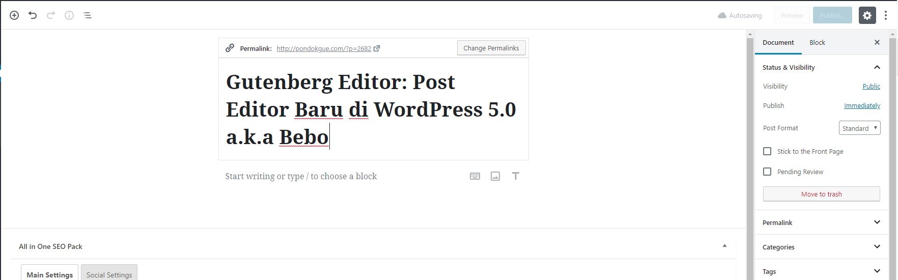 Gutenberg Editor di WordPress 5.0