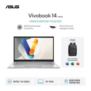 Asus Vivobook A1404VA-VIPS552 Core i5-1335U / 512GB PCIE / 8GB DDR4 Upgradable / TRANSPARRANT SILVER / 14" VIPS FHD   fingerprint  backlight KB / WIN 11 Home + OHS 2021