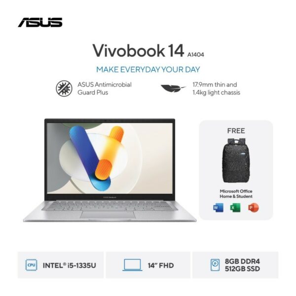Asus Vivobook A1404VA-VIPS552 Core i5-1335U / 512GB PCIE / 8GB DDR4 Upgradable / TRANSPARRANT SILVER / 14" VIPS FHD   fingerprint  backlight KB / WIN 11 Home + OHS 2021