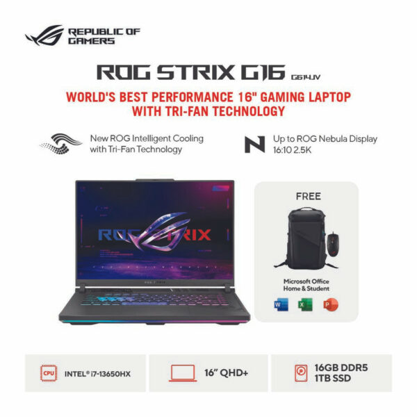 ASUS ROG STRIX - G G614JV-I746C7G-O I7-13650HX/16GB DDR5/1TB SSD/RTX4060 8GB/16.0 NEBULA QHD 240HZ/WIN 11 HOM/OHS/2Y GLOBAL (1ST YEAR VIP)/BAG/GRAY/MOUSE